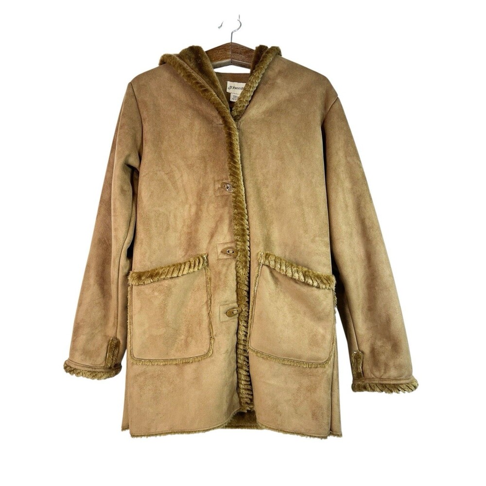 St. John's Bay Faux Suede Shearling Hooded Toggle Coat Small Camel Brown Y2K